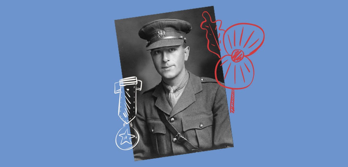 An old photo of a soldier with poppy and medal graphics