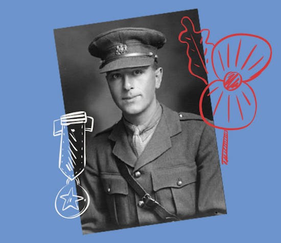 An old photo of a soldier with poppy and medal graphics