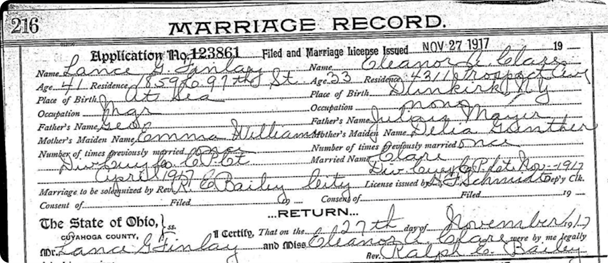 Marriage of Swift’s great-grandparents in November, 1917