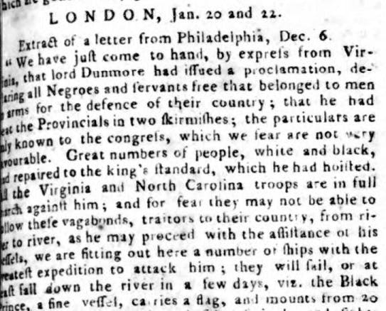 Lord Dunmore martial law proclamation reported in newspapers.