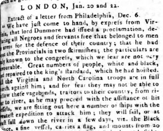 Lord Dunmore martial law proclamation reported in newspapers.