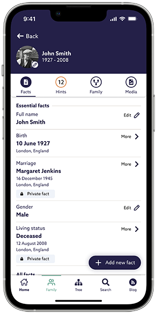 Family tree profiles in the Findmypast app