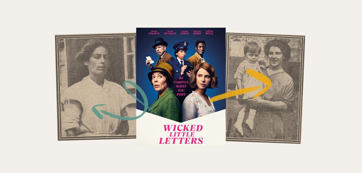 Wicked Little Letters film poster, and the real Edith Swan and Rose Gooding