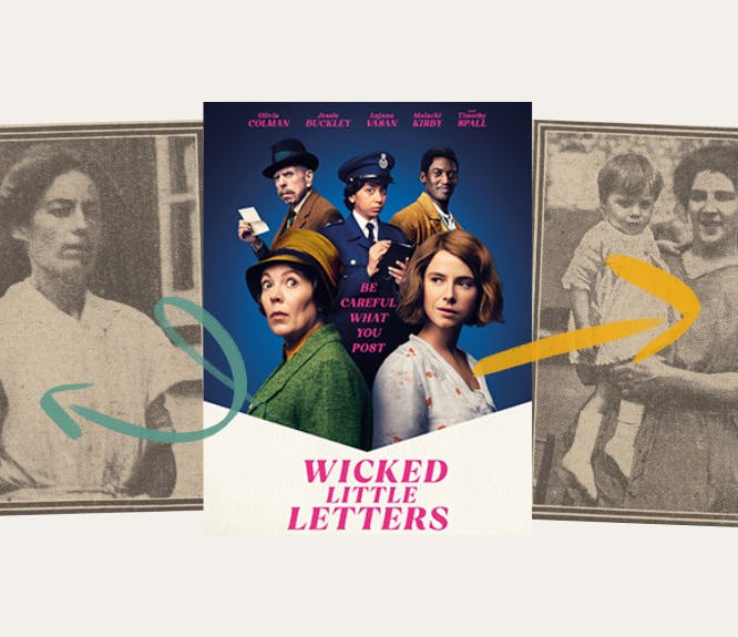 Wicked Little Letters film poster, and the real Edith Swan and Rose Gooding