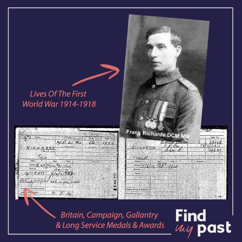 A photo of Frank Richards from the Lives of the First World War collection, alongside two of his medal cards.