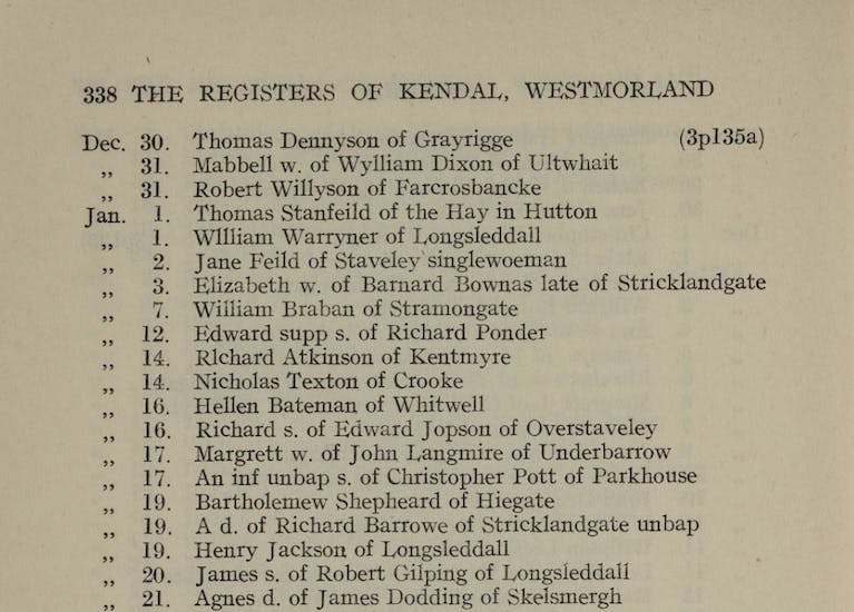 Burial register from Kendal, Westmorland, 1622