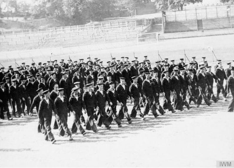 The Royal Navy Volunteer Reserve parade at a football ground in Crystal Palace, 1914.