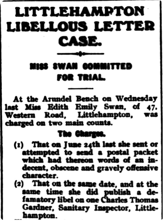 Details of Edith’s trial appeared in The Bognor Observer and Visitor's List, 18 July 1923.