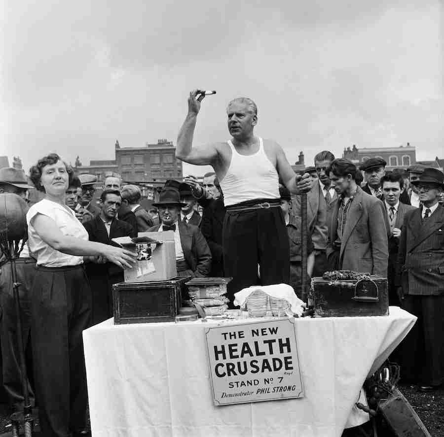 'Phil Strong's medicine 'cures all', so he says as he sells it from his stall in Club Row, Bethnal Green, London.'