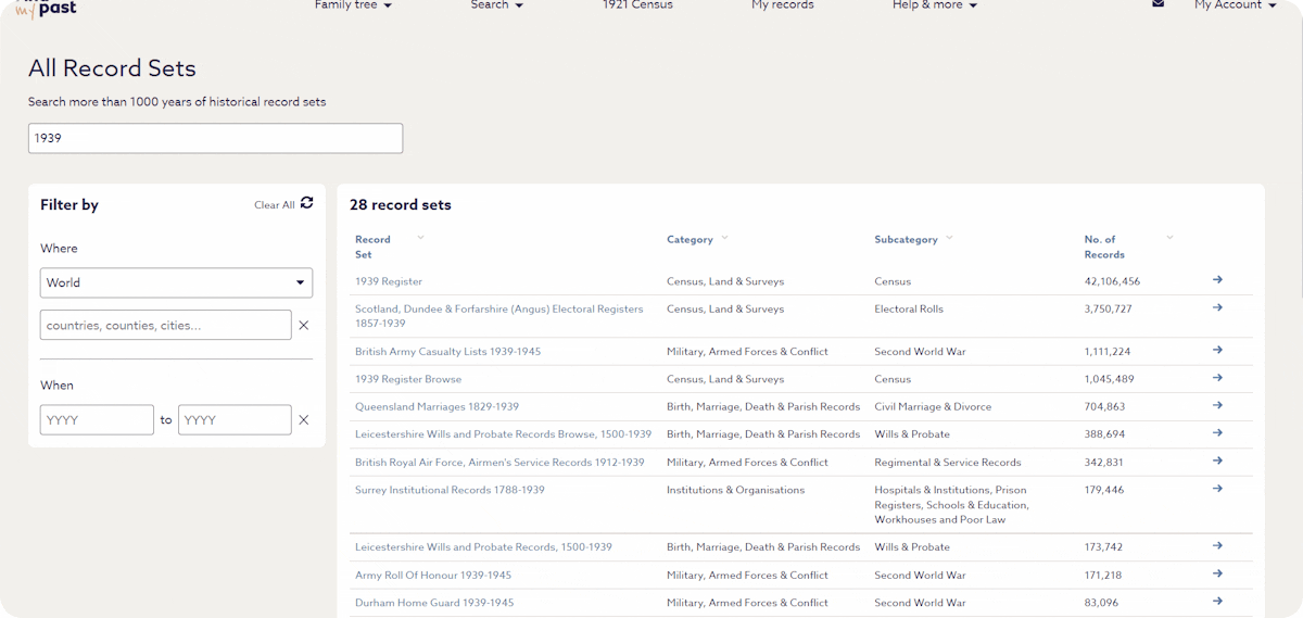 The advanced search screen for the 1939 Register.