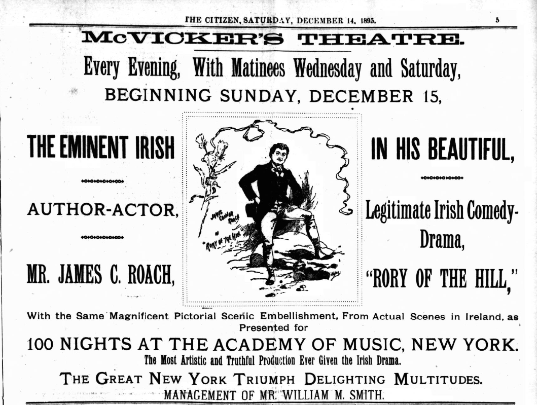 An advertisment for 'Rory of the Hill', 1895, Chicago Citizen.
