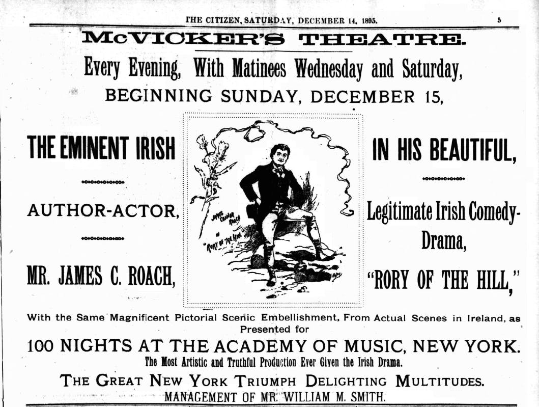 An advertisment for 'Rory of the Hill', 1895, Chicago Citizen.