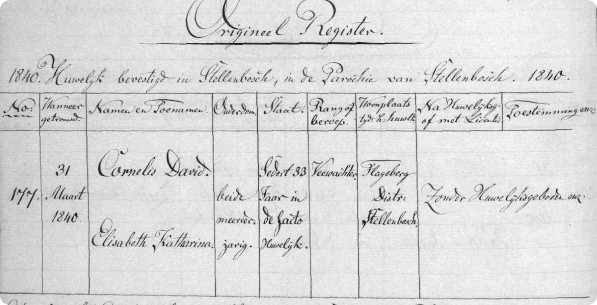 A South African marriage record from 1840