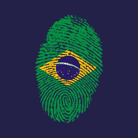 Illustration of a fingerprint coloured with the Brasilian flag