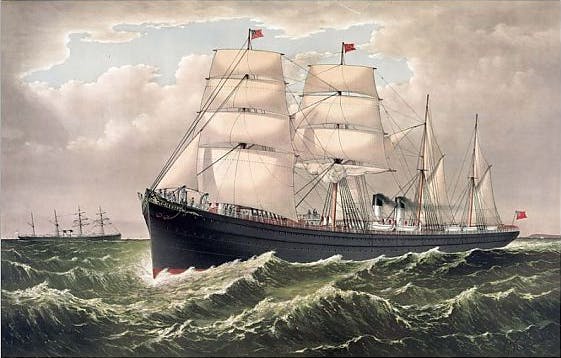 Currier & Ives. The magnificent steamships Egypt and Spain: of the national steamship line, between New York and Liverpool., ca. 1879