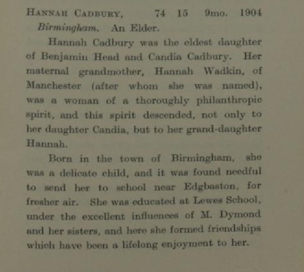 The start of the memoir of Hannah Cadbury, which lasts four pages
