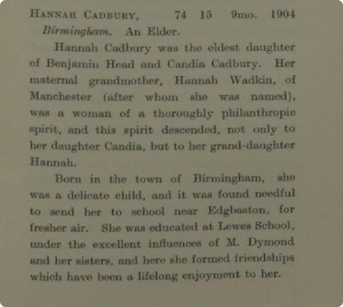 The start of the memoir of Hannah Cadbury, which lasts four pages
