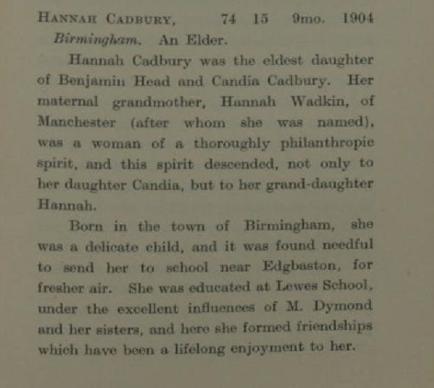 The start of the memoir of Hannah Cadbury, which lasts four pages