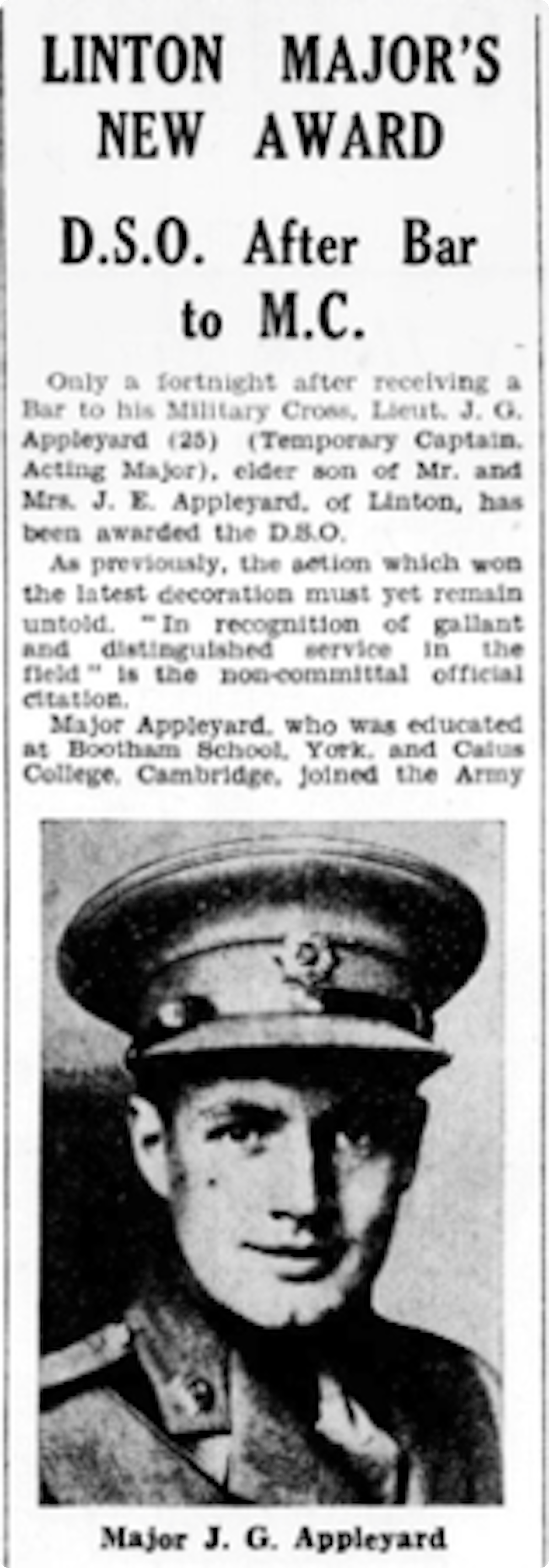 Appleyard received a D.S.O, in the Yorkshire Post and Leeds Intelligencer, 17 December 1942.