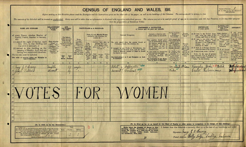 A 1911 Census return with 'Votes for Women' written across it. View this record here.