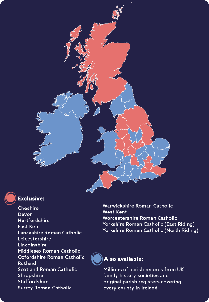 Map of Findmypast's parish records coverage