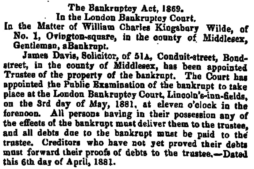 Willie's bankruptcy report, 1881.
