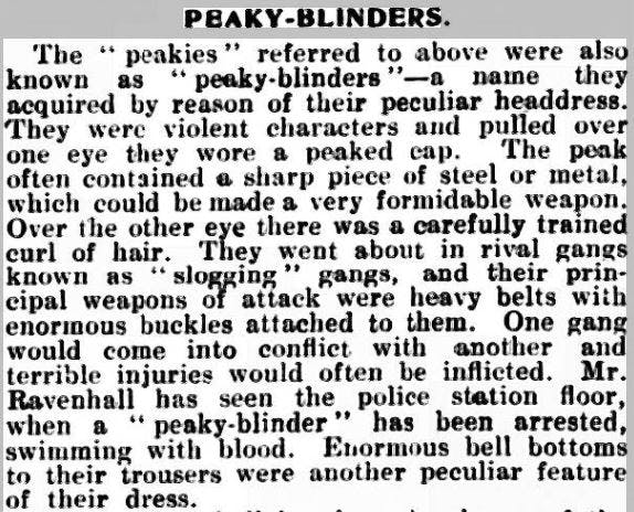 Description of the real peaky blinders in a 1920s newspaper article