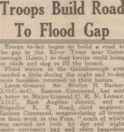 An article in the Dundee Evening Telegraph announcing a new road to bridge a gap in the River Trent, 1947.
