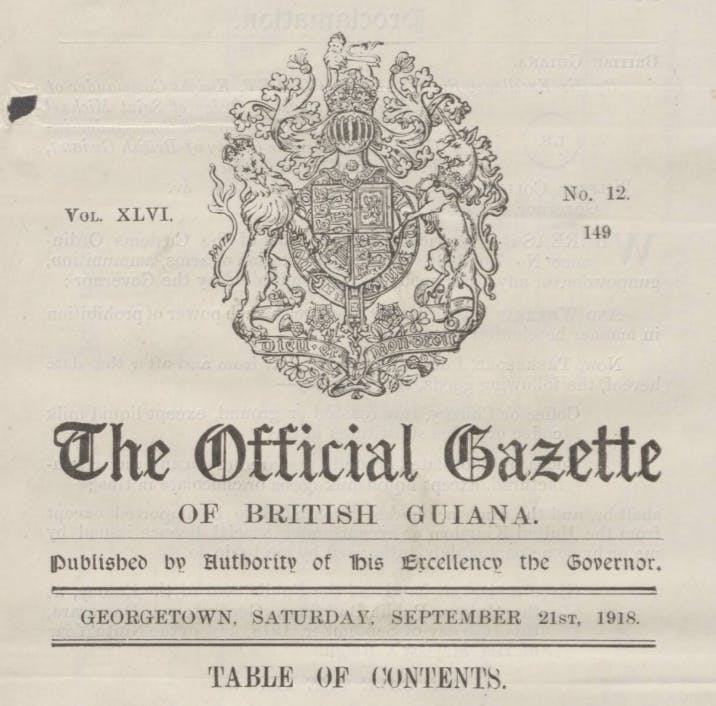 The Official Gazette of British Guiana, title page, 1918.