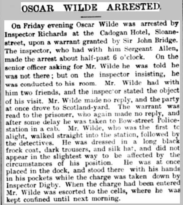 Oscar Wilde's arrest, detailed in the Warminster & Westbury journal, and Wilts County Advertiser, 1895.