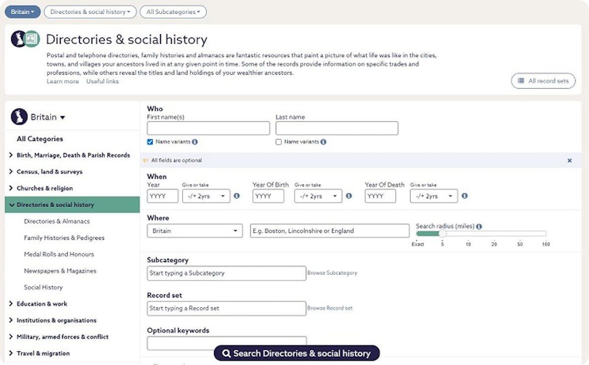 Search directories on Findmypast