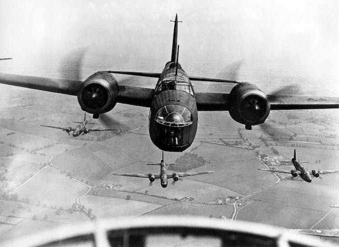 A squadron of RAF Vickers Wellington MK1 bombers, c.1939, from the Findmypast  Photo Collection. 