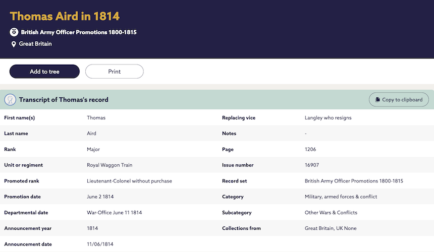 British Army Officer promotion record, 1814