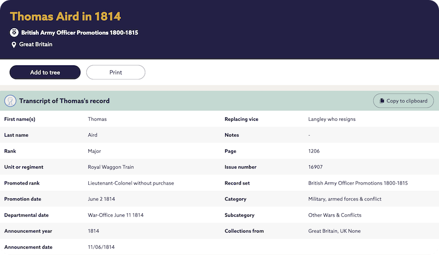 British Army Officer promotion record, 1814