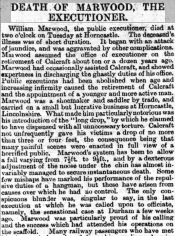 A death notice for William Marwood, found in the Sheffield Daily Telegraph, 1883.