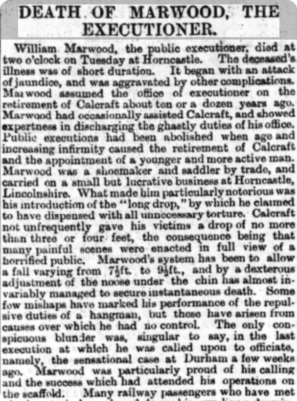 A death notice for William Marwood, found in the Sheffield Daily Telegraph, 1883.