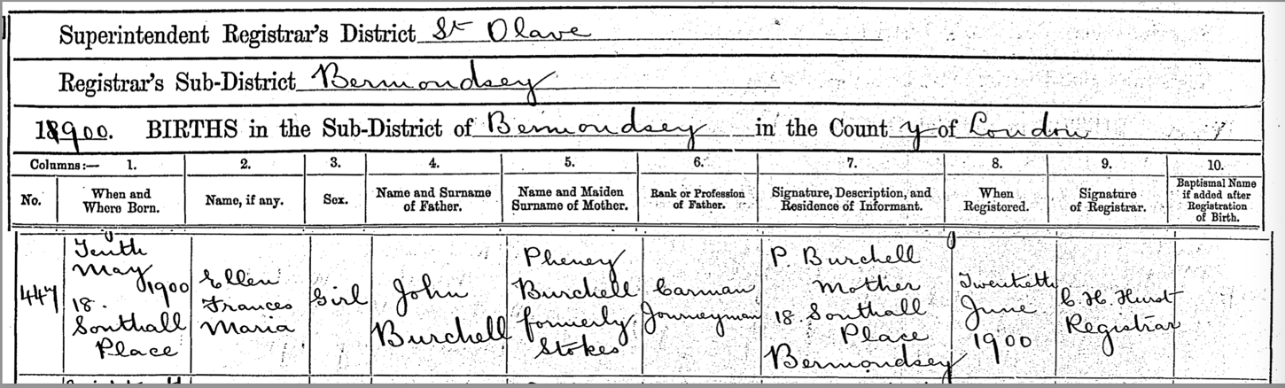 Ellen Burchell's birth record.