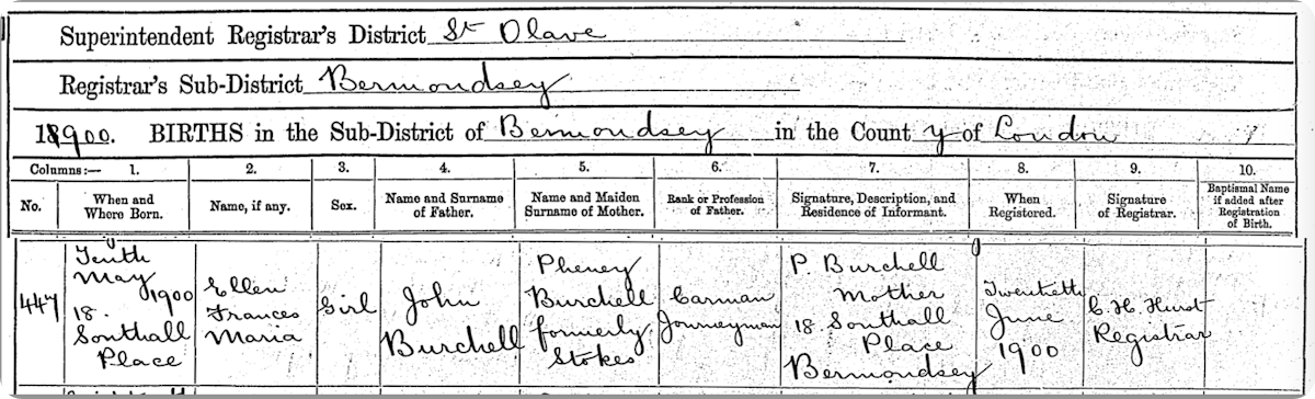 Ellen Burchell's birth record.