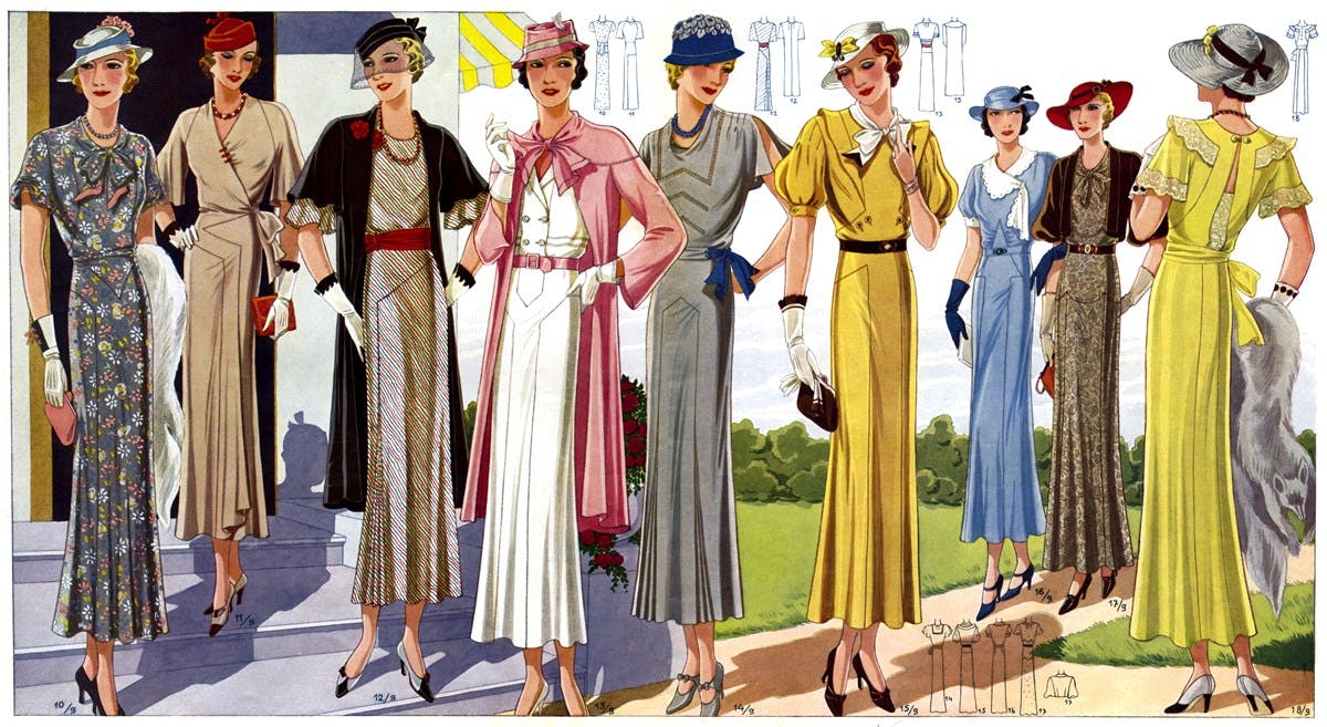 A coloured fashion illustration showing nine women wearing various fashionable dresses.