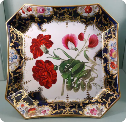 An example of the intricate, skilled work of the Coalport paintresses on this botanical dessert service from the 1830s-1840s