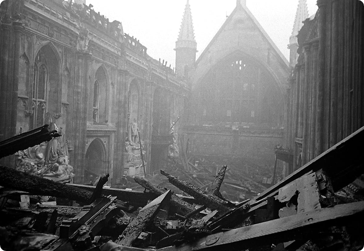 London's Guildhall after a bombing attack, December 1940.