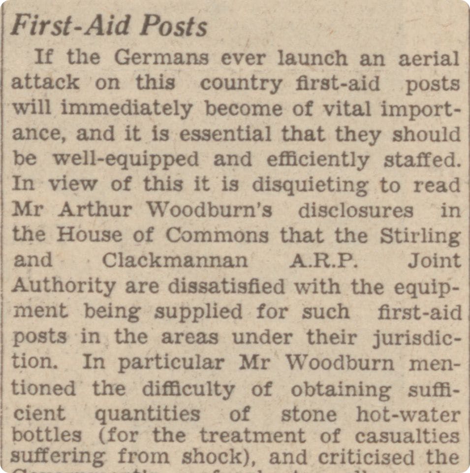 A newspaper clipping detailing the challenges British First Aid Posts faced during the Second World War