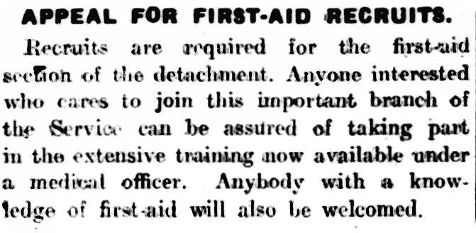 An old British newspaper clipping appealing for first aid recruits during the Second World War