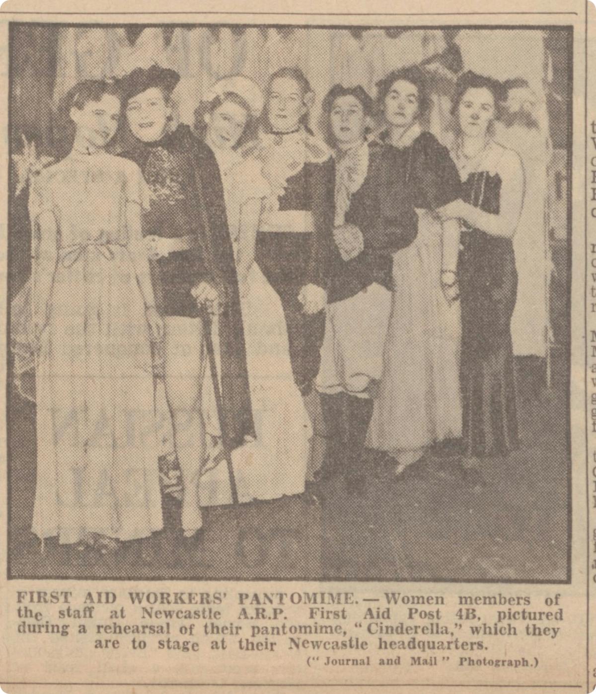 An old newspaper clipping of female first aid workers taking part in a pantomime