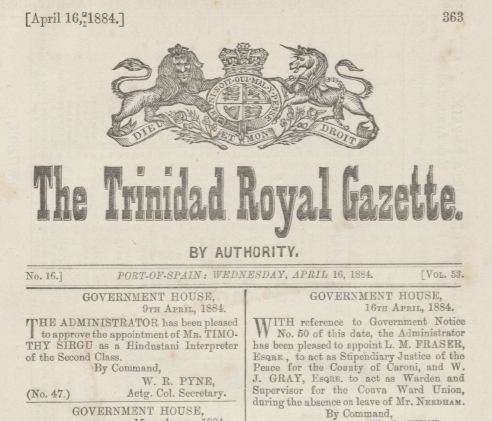 Trinidad Royal Gazette, 16 April 1884.
