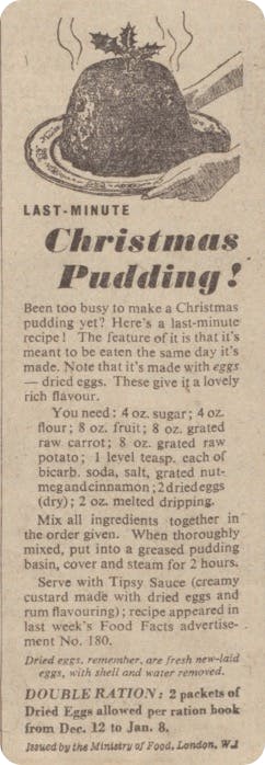 A recipe from the 1940s for a ration Christmas pudding.