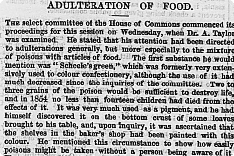 An article from 1856 about the dangers of Scheele's green, a toxic food colouring