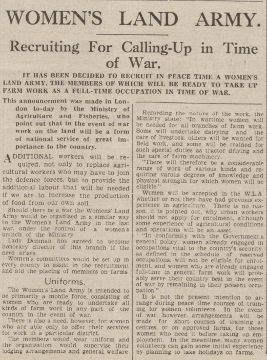 A newspaper article from 1939 calling for women to serve in the women's land army
