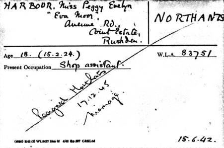Peggy Banham's women's land army service card from 1942