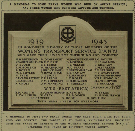 A memorial to women who died in WW2 with a list of names